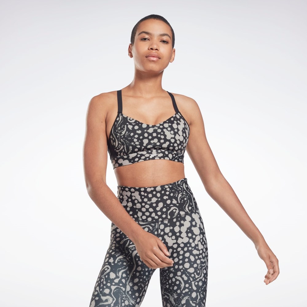 Reebok Lux Strappy Modern Safari Print Sports Bra Night Black | H56372