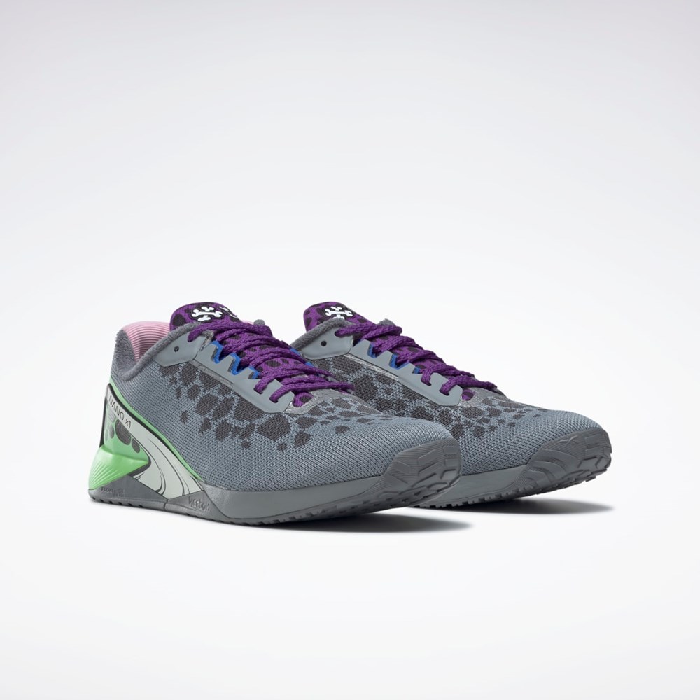 Reebok THE FLINTSTONES Nano X1 Training Shoes Fliny Grey / Regal Purple / Semi Neon Mint | GX6435